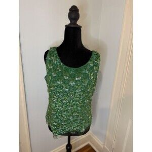 Vintage Mod Green Beaded Sequin All Over  Wool Tank Top Sweater Hong Kong M